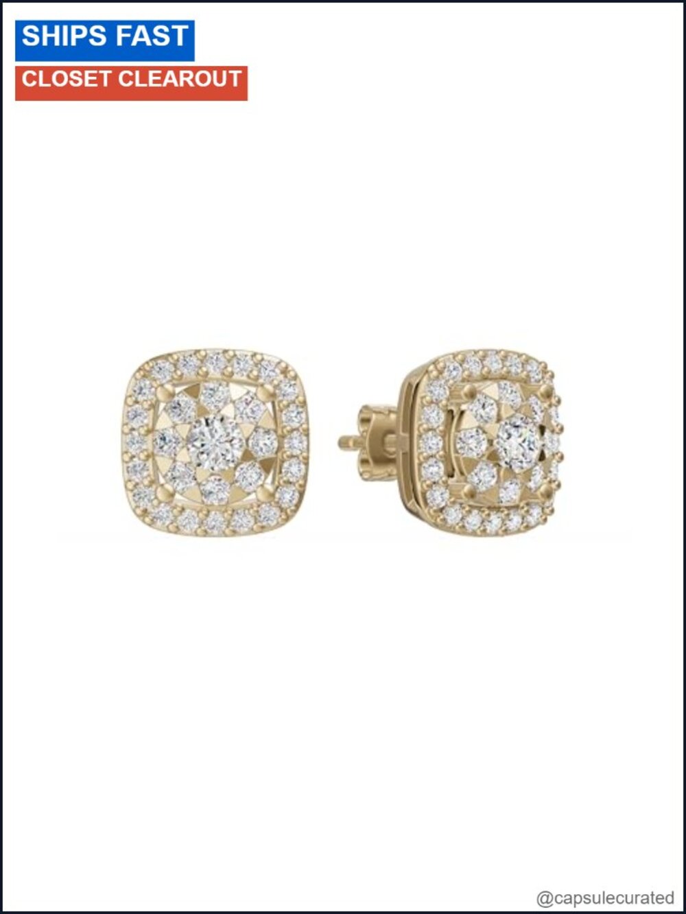 Cushion Halo Diamond Stud Earrings 24K Gold Vermeil Sterling Silver